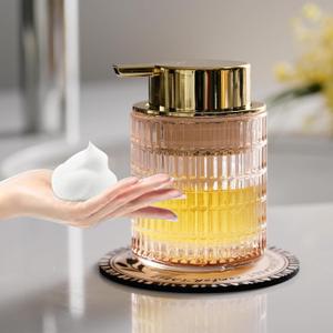 Refillable Glass Foam Soap or Lotion Dispenser for Kitchen and Bathroom with Large Gold Pump (Striped Pattern-Pink)