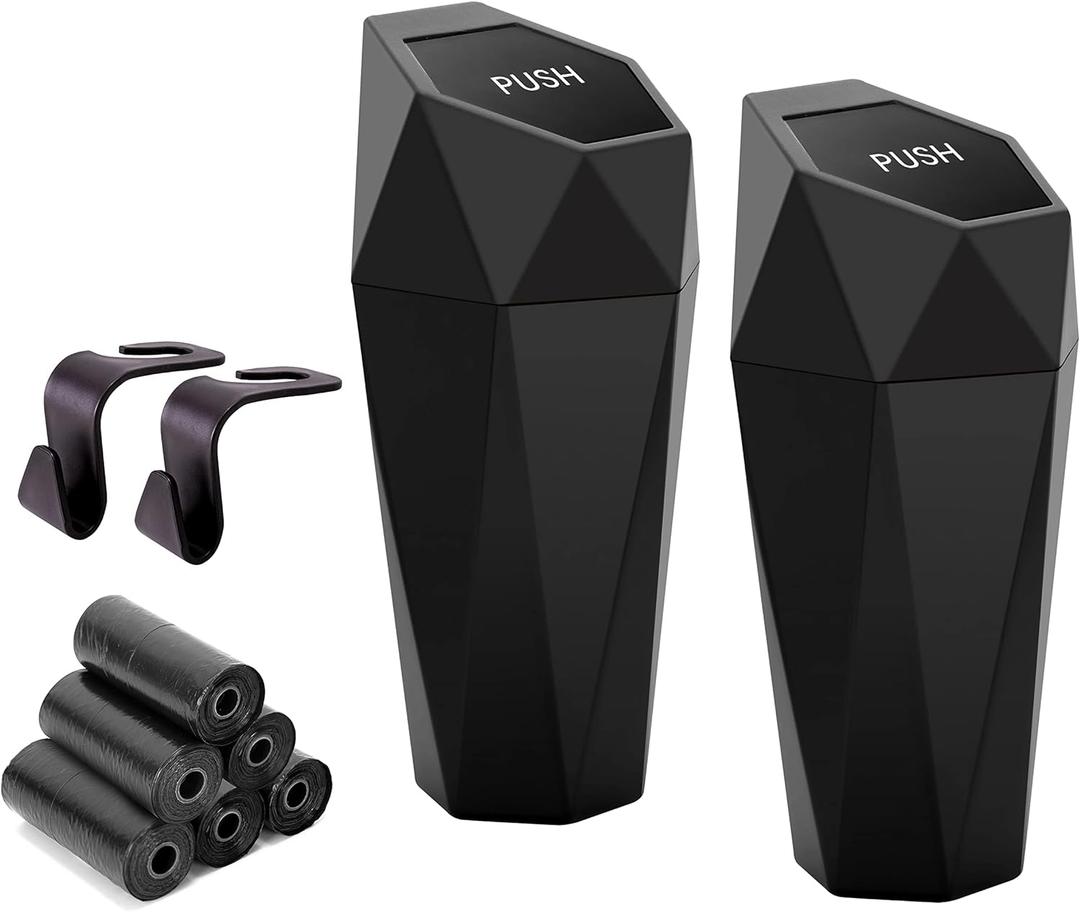 Ginsco Car Trash Can Cup Holder, 2 Pack Mini Trash Can with Lid, Car Accessories for Interior, Leakproof Small Trash Cup for Home with Additional 2 ABS Hooks and 90pcs Trash Bags Black (600ml x 2)