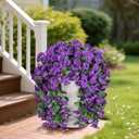 Artificial Fake Hanging Flowers Plants for Outdoor Outside Summer Decoration, 2PCS Faux Silk Morning Glory Purple UV Resistant Look Real Trailing Vines for Home Planter Porch Patio