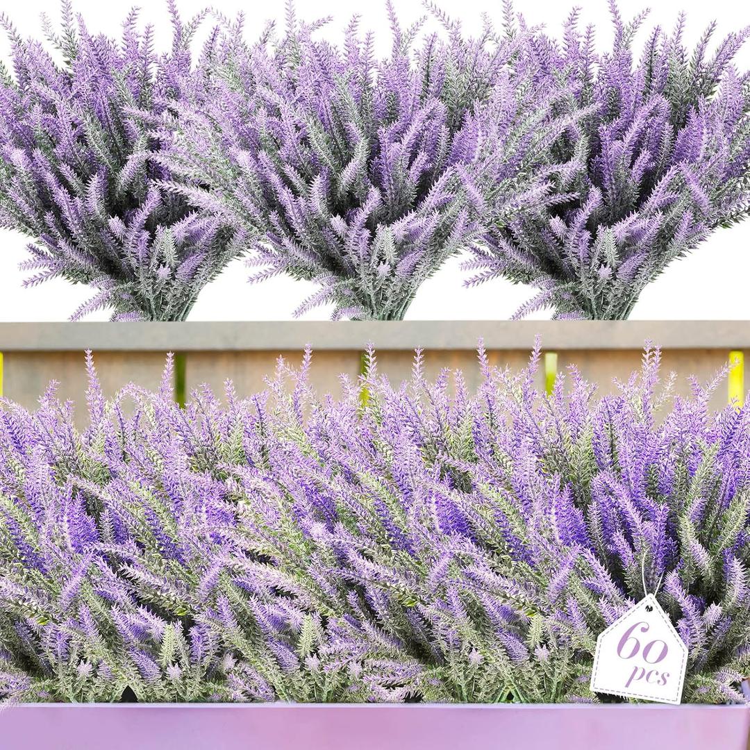 XunYee 60 Bundles Artificial Lavender Flowers UV Resistant Faux Plastic Flowers Faux Lavender Plants for Outdoor Garden Patio Window Box Office Table Centerpiece Indoor Decoration (Purple)