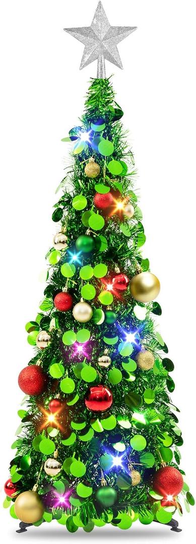 N&T NIETING Pop Up Christmas Tree with Lights, Collapsible Tinsel Xmas Tree Decorations, Pencil Christmas Tree Skinny Tree for Holiday Xmas Home Office Decor, 25 Balls, 3Ft, Green