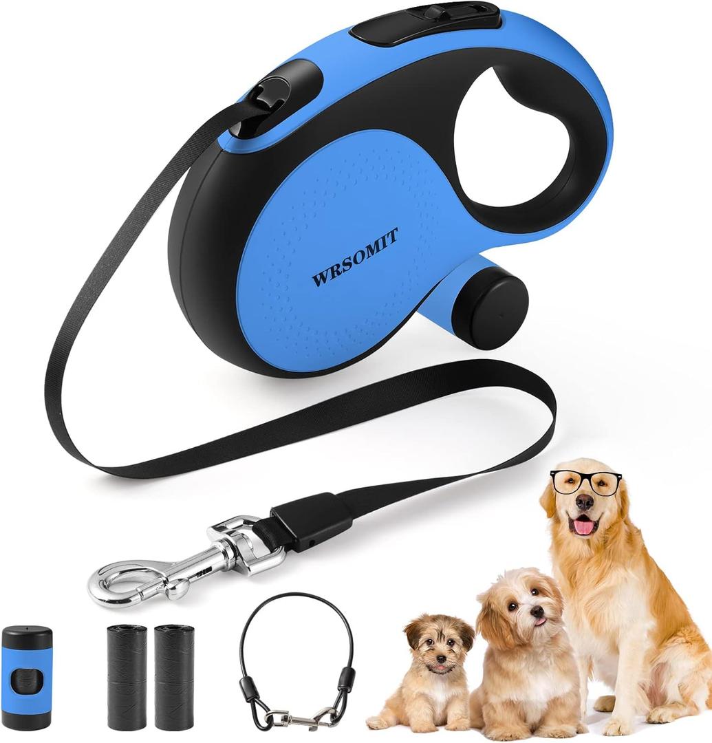 WRSOMIT Retractable Dog Leash with Chew Proof Cable, 26Ft Heavy Duty Dog Leash for Medium Large Dogs up to 110lbs, 360 No Tangle, One-Handed Brake (Blue)