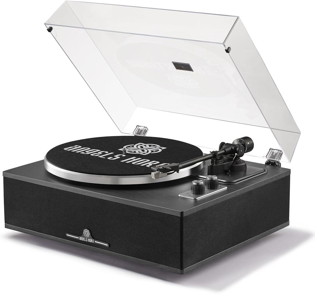 ANGELS HORN Bluetooth Vinyl Record Player with Built-in Speakers, Vintage Turntable for Beginners, Magnetic Cartridge AT-3600L, Belt Drive 2-Speed, for Music Lovers