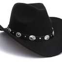 CXQRR Black Cowboy Cowgirl Hat for Women Men Western Style Wide Brim Felt Fedora Panama Hat with Detachable Belt Buckle