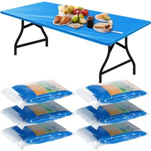 Boao 6 Pcs Disposable Plastic Tablecloth Parties Picnic Table Covers with Elastic Fitted Elastic Plastic Table Cover Rectangle Waterproof for Indoor, Outdoor, Picnic, Camping (Blue,72 x 30 Inch)