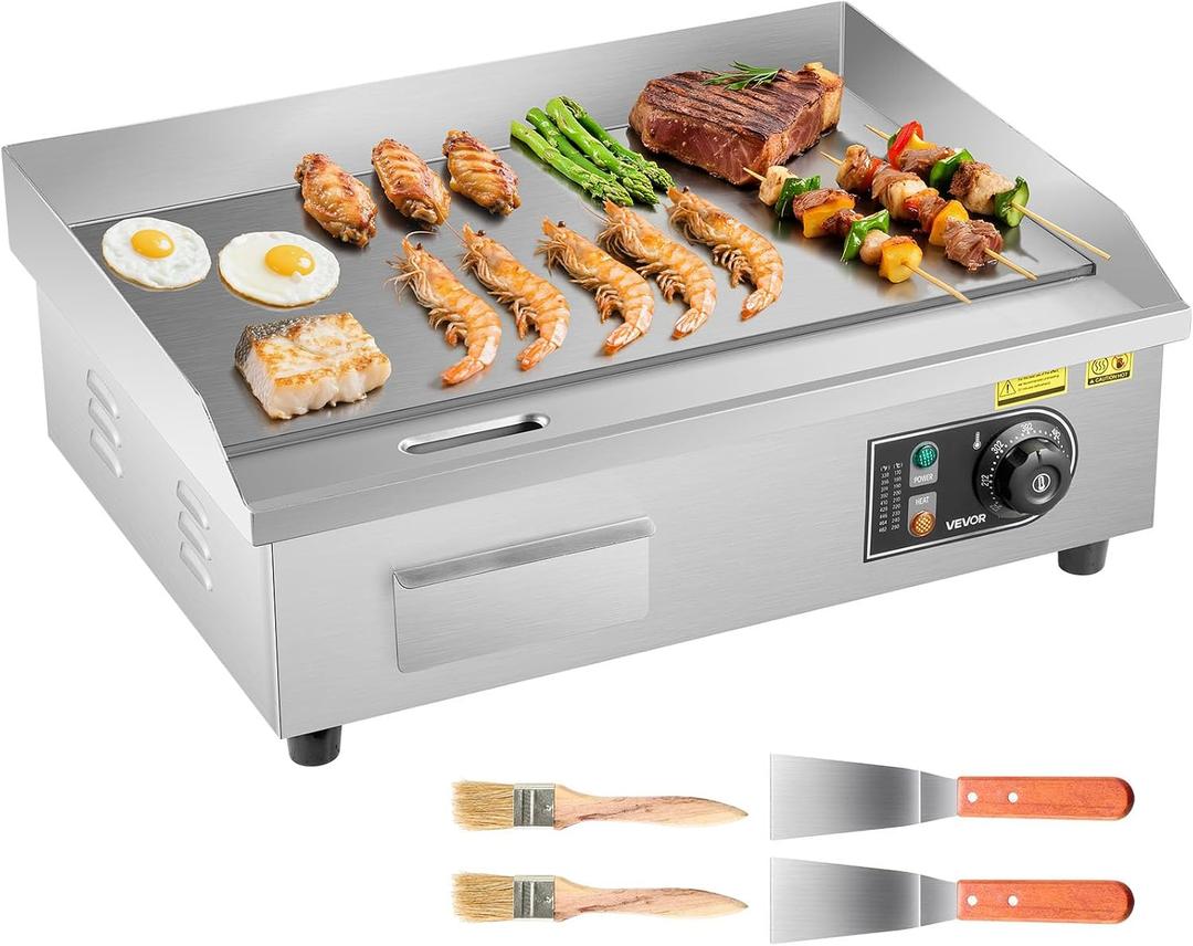 VEVOR Commercial Electric Griddle, 22", Countertop Flat Top Griddle
Stainless Steel Teppanyaki Grill w/Iron Cooking Plate, 122-572℉ Adjustable Temp Control, 2 Shovels & Brushes