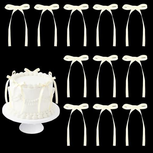 30 Pack Bow Cake Toppers Ivory Ribbon Bows for Cake Bow Cupcake Toppers Beig Bow Birthday Decorations for Mothers Day, Gender Reveal, Wedding, Baby Shower, Anniversary Party Supplies