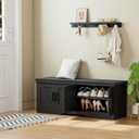 HOMSHO 2-Tier Storage Bench, 47.2" Wide Shoe Bench with Padded Seat Cushion, Entryway Bench with 4 Barn Doors and Adjustable Shelf, Black