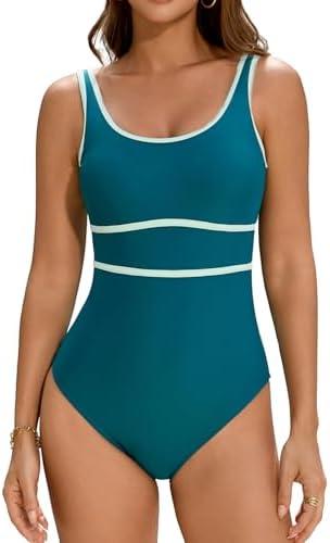 Cromi Womens One Piece Swimsuits Color Block Bathing Suit Sport Swimwear Slimming Modest Monokini XL