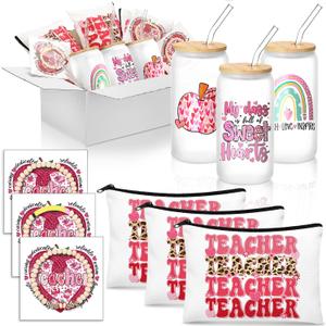 Skylety 12 Pcs Graduation Teacher Appreciation Gifts for Women Happy Teacher Day Thank You Ideas Gifts Include Glass Cup Cosmetic Makeup Bags Greeting Cards and Bracelet for Back to School Present