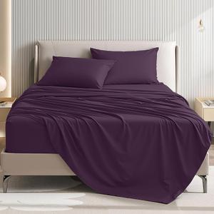4 Piece Sheet Set - Comfy Breathable & Cooling Bed Sheets Set, Soft and Wrinkle Free, Deep Pockets, Easy & Secure Fit, Hotel Luxury Bedding for Women, Men - Oeko-Tex - (Purple, Queen)