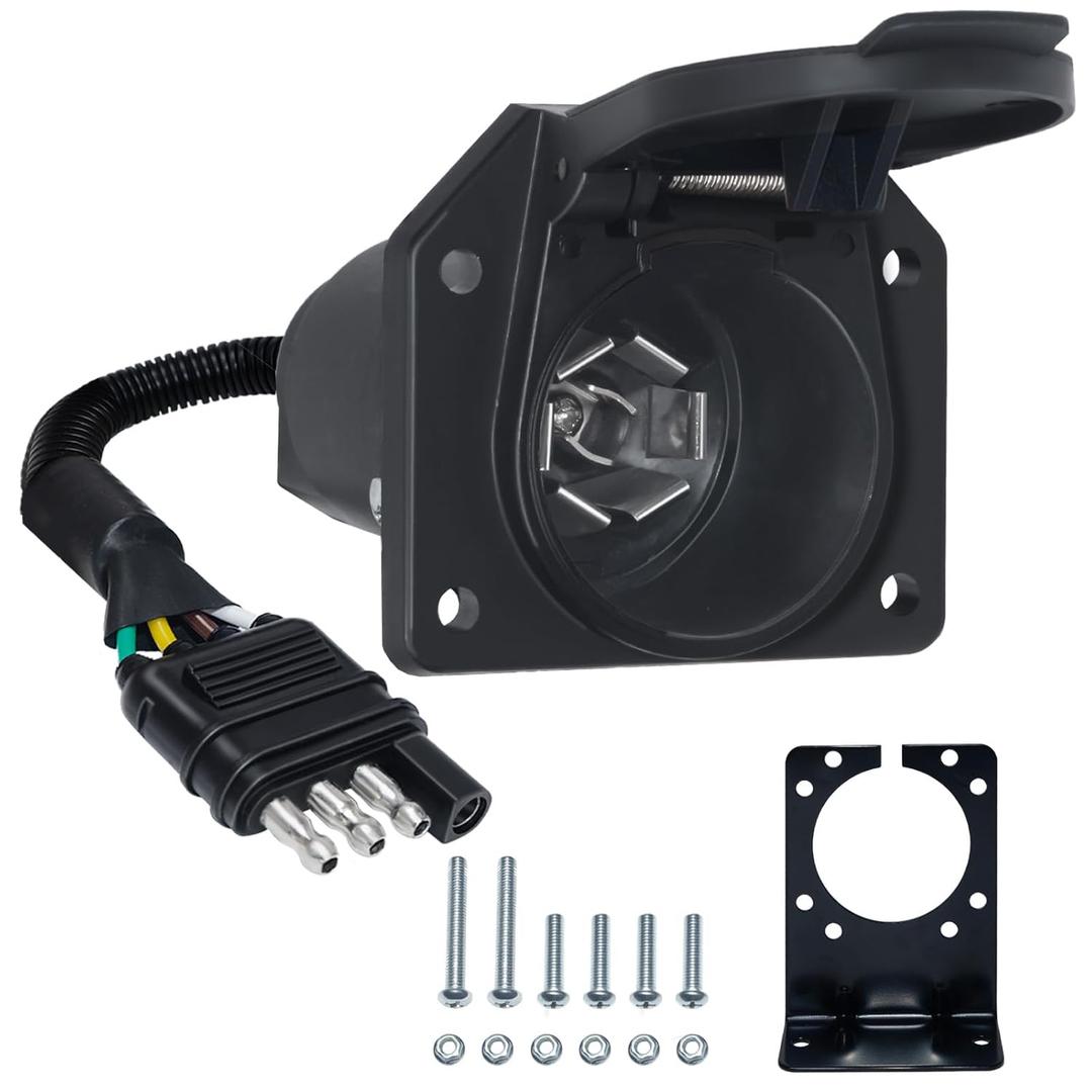 BFXM 4 Pin Flat to 7 Pin RV Blade Trailer Adapter, Vehicle-Side 4 Way to Trailer-Side 7 Way with Mounting Bracket, for Recreational Vehicle, Trailer, Truck