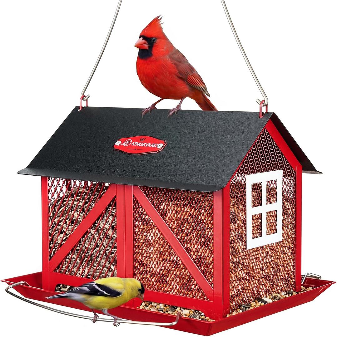 Kingsyard Metal Bird Feeder for Outdoors Hanging, 2-in-1 Wild Bird Feeder with Seed Tray & Built-in Perch, 5 lb Large Capacity for Cardinal Chickadee Finch, Red