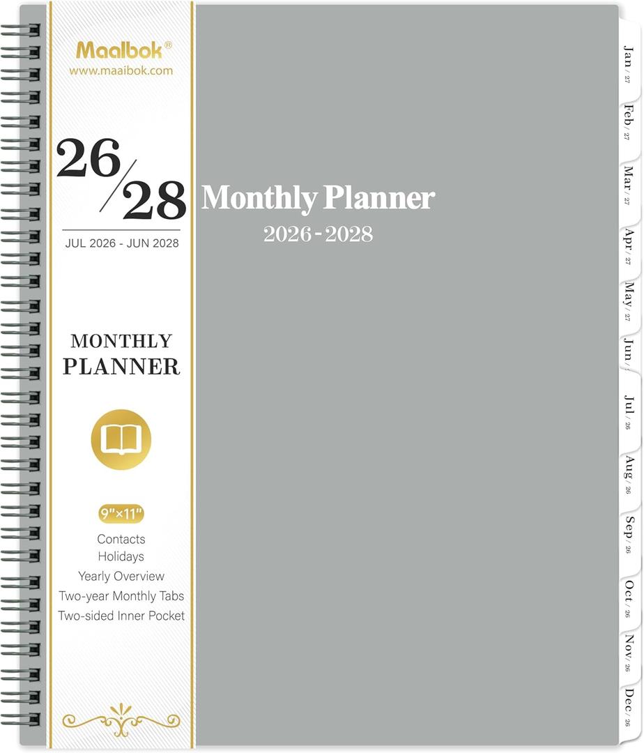 2026-2028 Monthly Planner/Calendar - 2 Year Planner 2026-2028, Monthly Tabs, 9  11, July 2026 - June 2028, Hard Cover, Inner Pocket - Grey