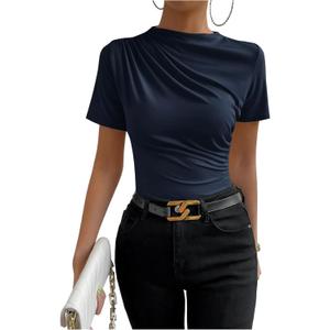 SweatyRocks Women's Ruched Mock Neck T Shirt Short Sleeve Fitted Summer Basic Tops (X-Large, Dark Blue)