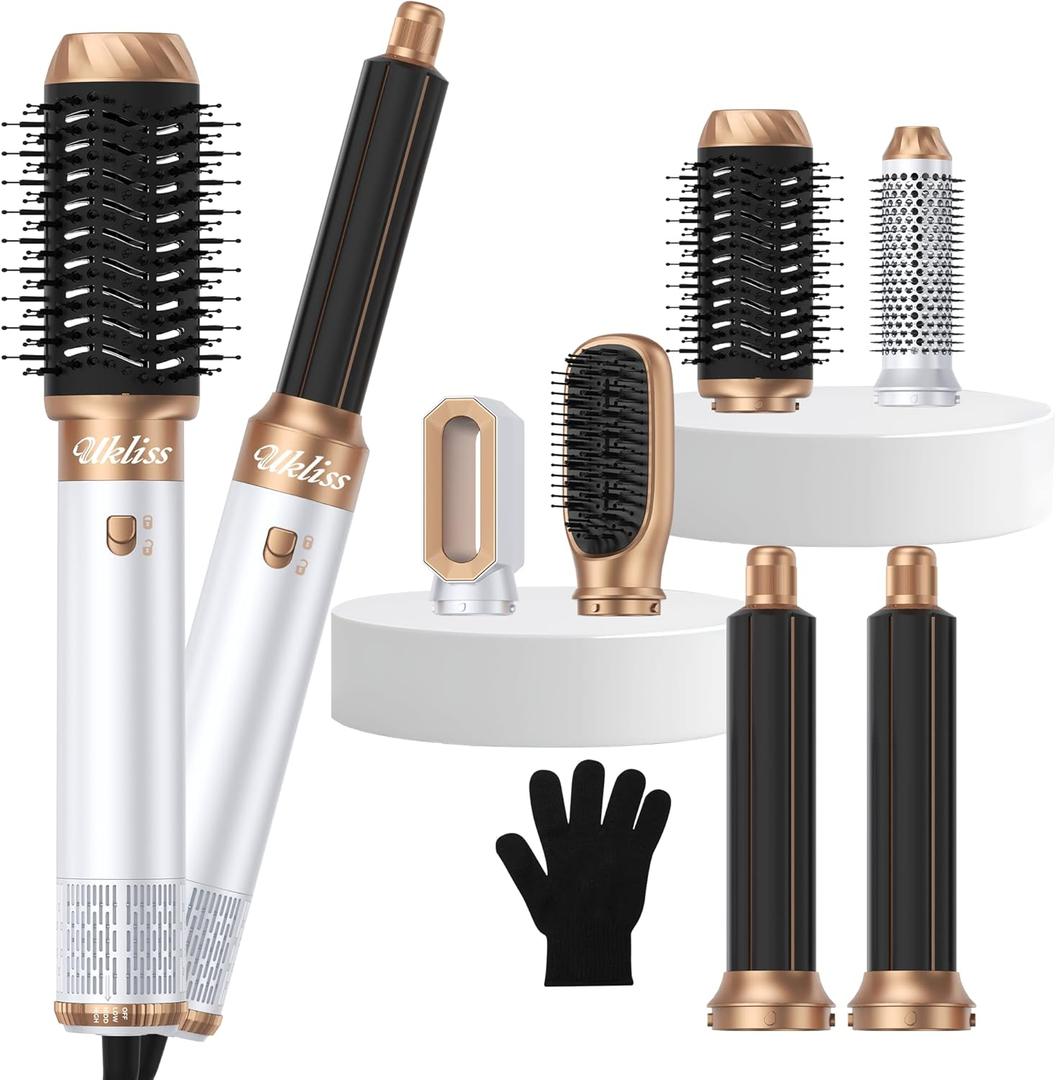 6 in 1 Blow Dryer Brush,Hair Dryer Brush with Ionic Technology, Multifunctional Styler Styling Tools, Auto Air Curler for Hair, Fast Styling for Most Hair Types, Safe ALCI Plug (White Gold)