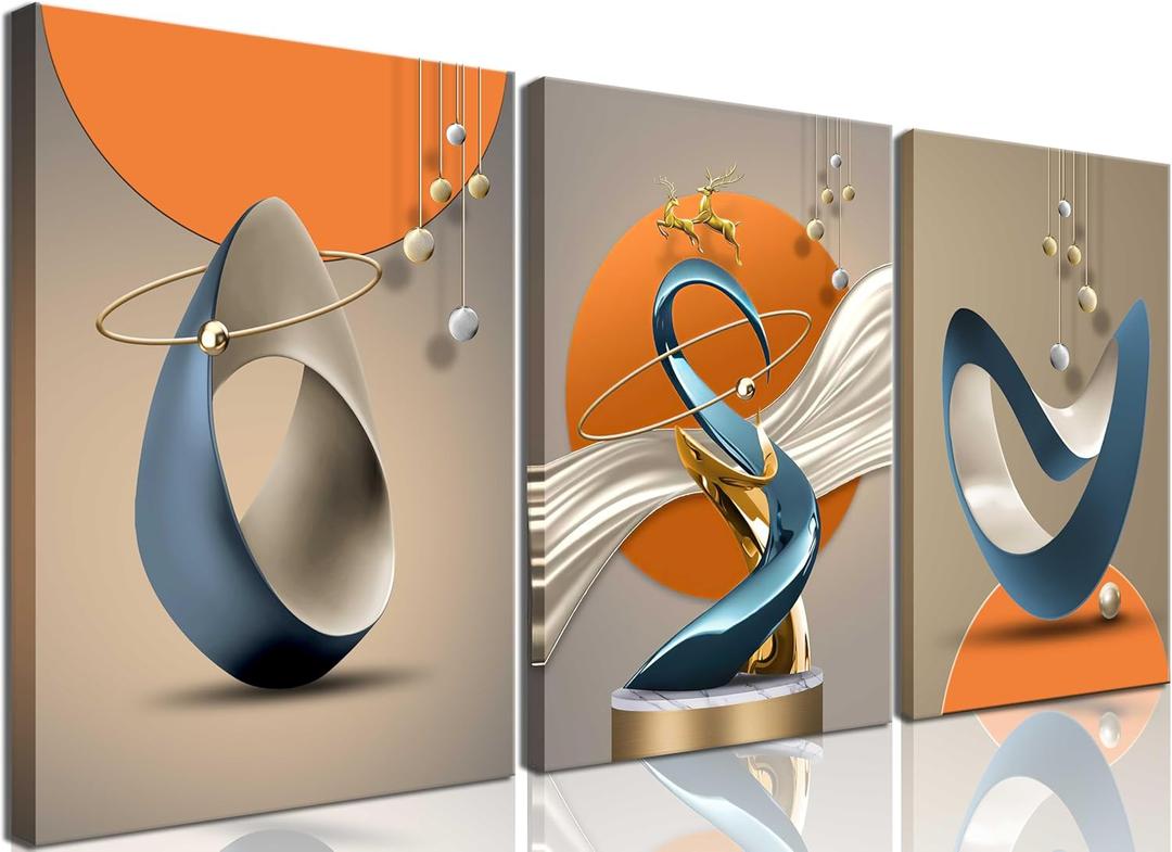 3 Pcs Bright Style Canvas Wall Art Modern Abstract Golden Deer Luxury Foil Lines Posters Prints White Blue orange color Grey Painting Pictures for Living Room Bedroom Office Home Wall Decor Framed