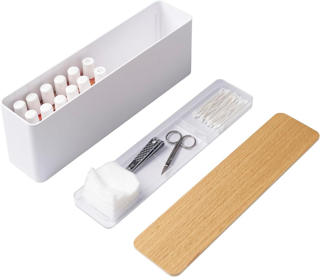YAMAZAKI Home Tosca Spacious Nail Polish Organizer With Lid - Slim Storage Case With Tray For Nail Care Supplies - Plastic (White)
