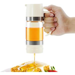 Aelga Honey Dispenser, Honey Dispenser No Drip 9 oz Glass Honey Jar with Handle & Base, Easy Pour Syrup Dispenser, No-Mess for Coffee, Tea, Waffles & Desserts, White