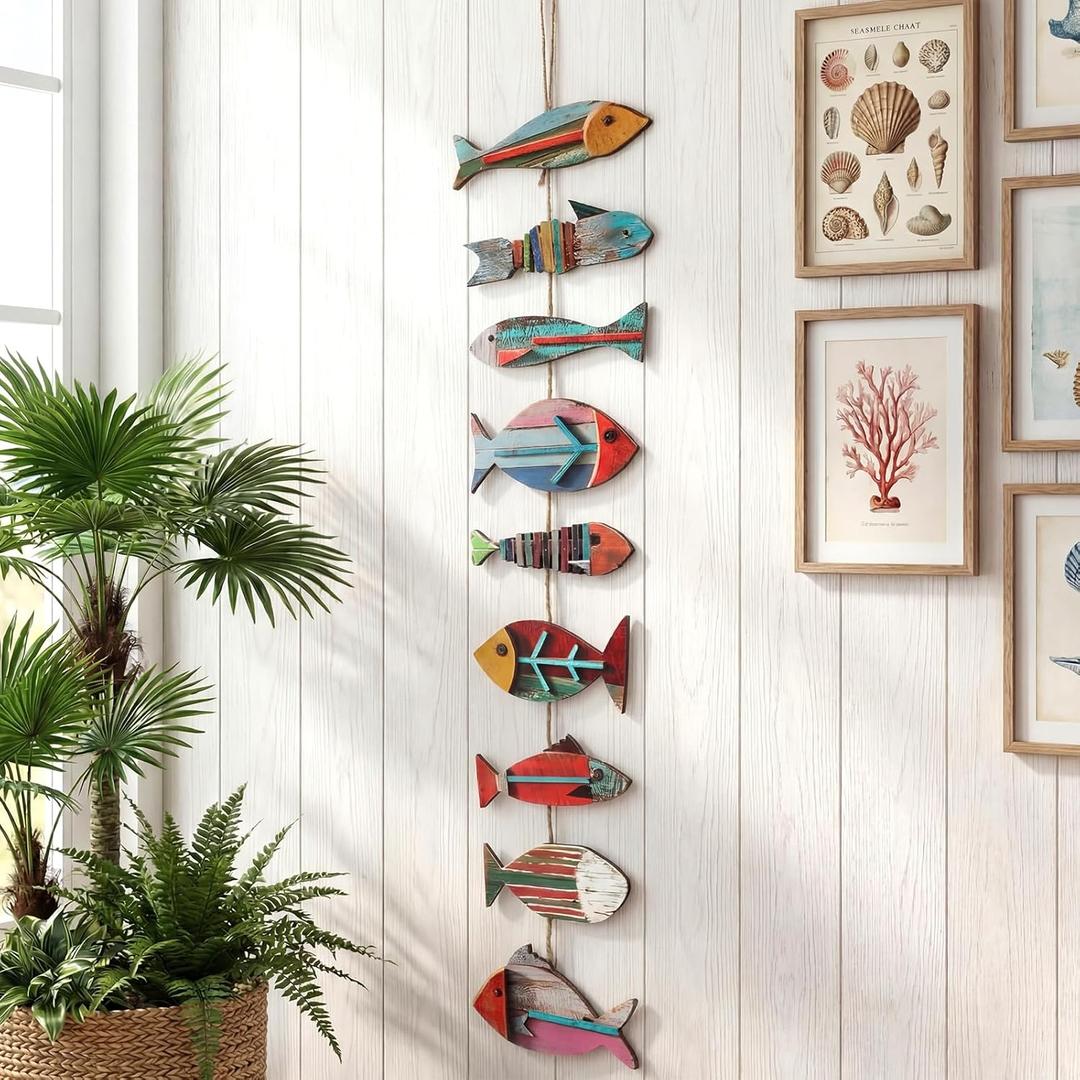 Novabright Wooden Fish Hanging Wall Decor Nautical Rustic Fishing Wood Sculpture Decorations Beach Coastal Theme Farmhouse Hanging Sign for Home Bathroom Bedroom Lake House(Colorful)