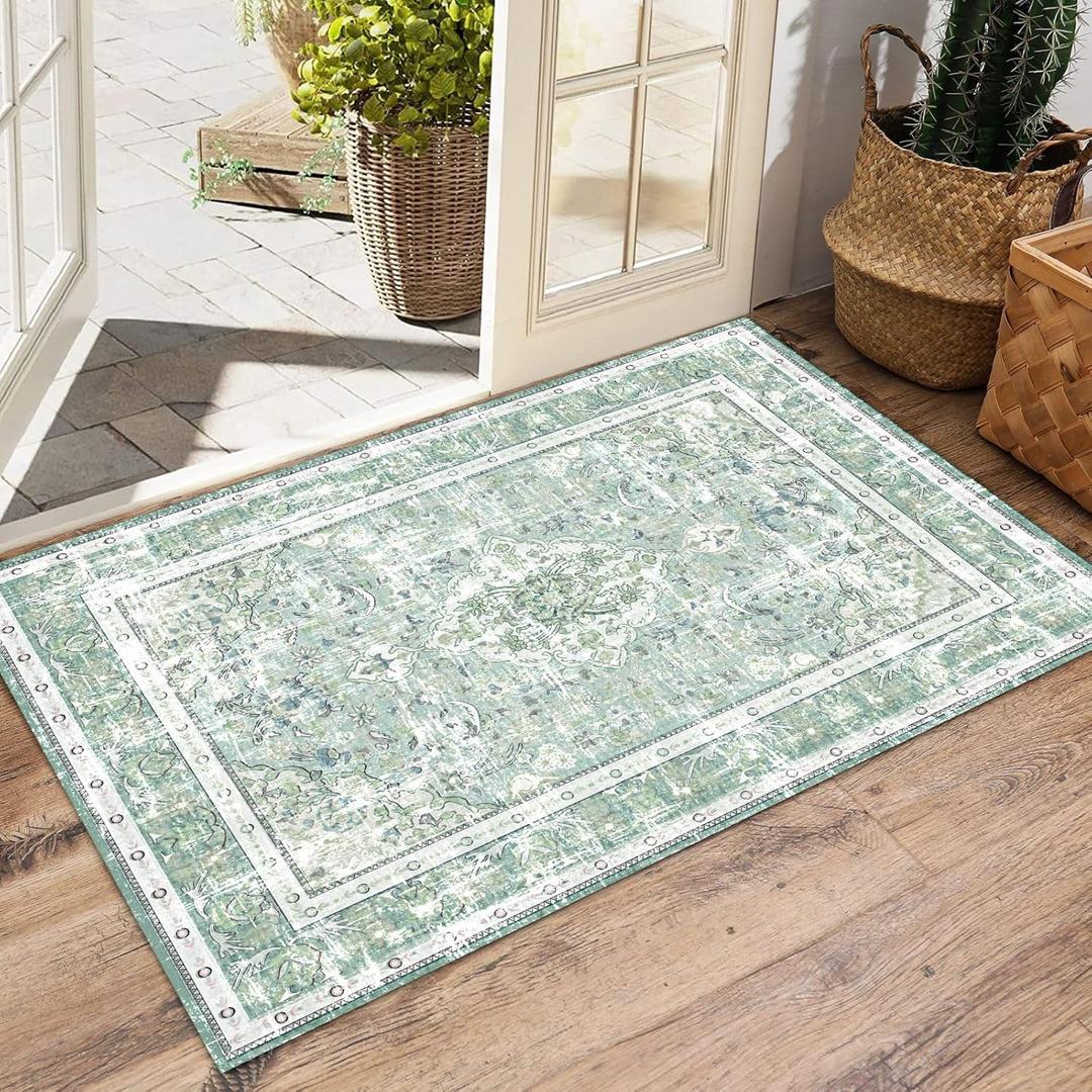 Vhong Boho Area Rugs Washable Vintage Modern Neutral Small Carpet Sage Green 23 High Traffic Rugs Doormat for Bathroom Kitchen Entryway Non Slip