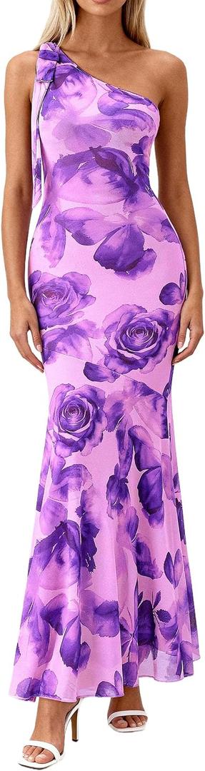 PRETTYGARDEN Womens Summer One Shoulder Maxi Dress 2026 Floral Sleeveless Bodycon Mesh Long Beach Vacation Sun Dresses (Purple)