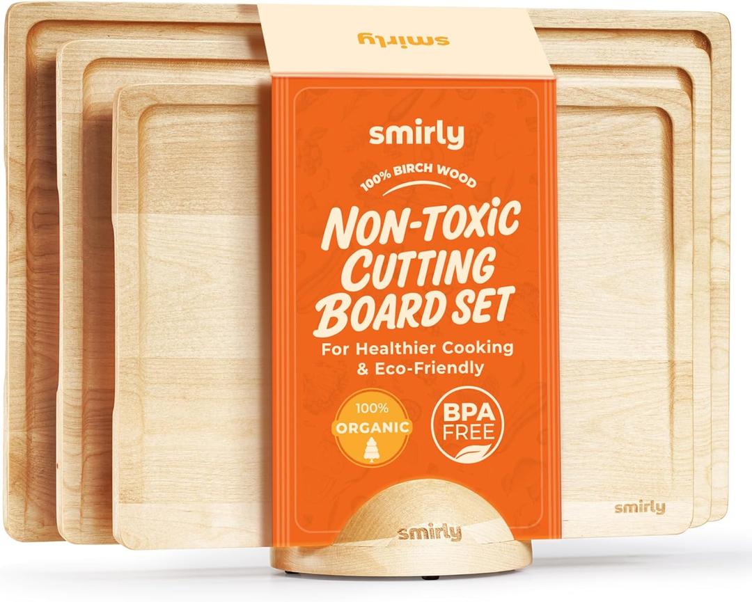 SMIRLY Walnut Wood Cutting Boards for Kitchen, Set of 3 with Holder Large - Small, Walnut Wooden Cutting Board Set with Deep Juice Grooves, Non Toxic Serving Tray, Perfect Mother's Day Gifts