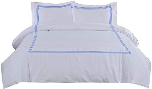 BedDecor Duvet Cover Set – 3-Piece, 500TC Egyptian Cotton with 3-Line Embroidery, Zipper & Corner Ties – Medium Blue, Full/Queen