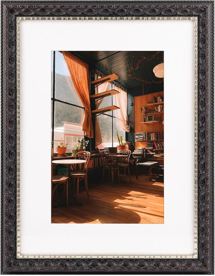Golden State Art, 12X16 Ornate Finish Photo Frame with White Mat for 8X12 Picture & Real Glass, Color: Black with Silver & Burgundy