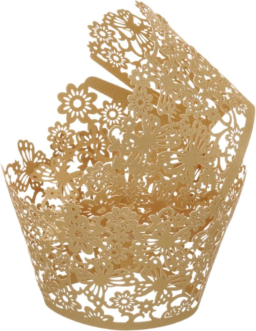 uxcell 100 Pcs Cupcake Wrappers, Hollow Out Cupcake Liner Baking Muffins Liners Paper Cups for Wedding Birthday Party Decoration Baking Cake Beige Gold (Butterfly, Pearlescent Paper)