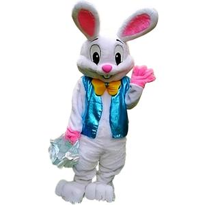To.beone Easter Bunny Mascot Costume with Blue Vest and Yellow Bow Tie, Adult Size Rabbit Character Suit for Events and Parties