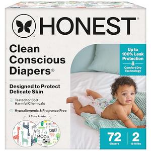 The Honest Company Comfort Dry Disposable Diapers for Sensitive Skin, Hypoallergenic, Fragrance-Free, Multi-Colored Giraffes + Barnyard Babies, Club Box, Size 2 (12-18 lbs), 72 Count