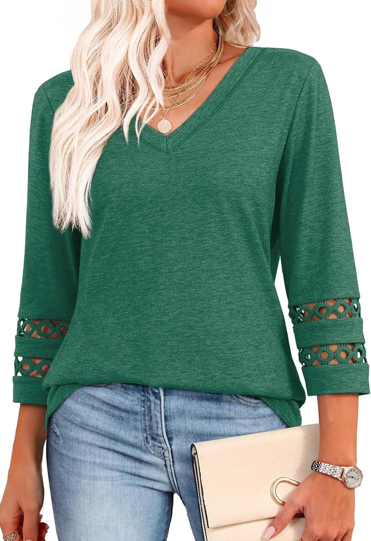XIEERDUO 3/4 Length Sleeve Womens Tops Dressy Casual Blouses for Women 2026 Trendy V Neck T Shirts Summer Clothes, Green, XL