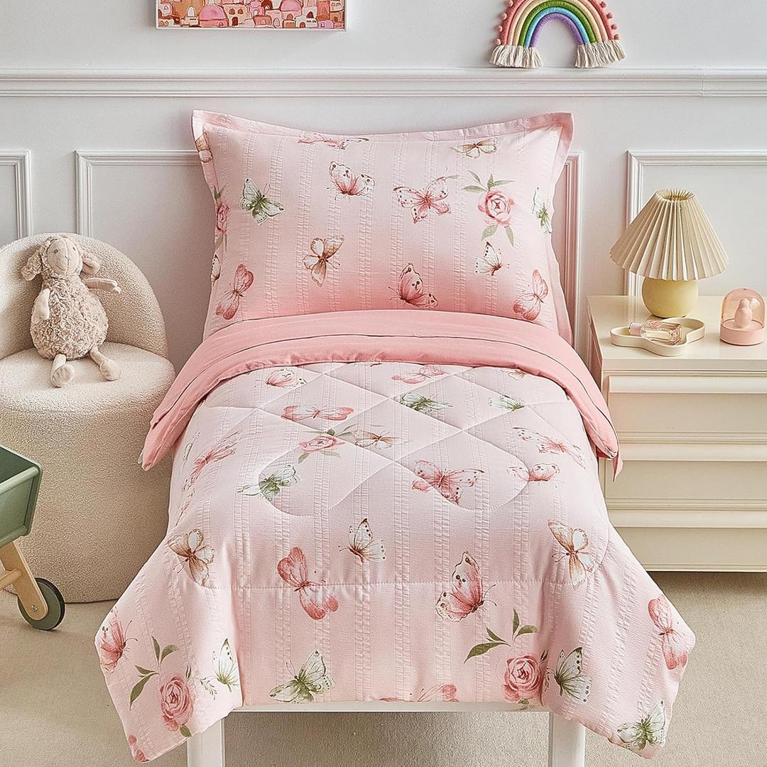 DuShow Pink Butterfly Toddler Bedding Set for Girl, 4 Pieces Toddler Bed Set, Jacquard Seersucker Toddler Comforter Set, Includes Comforter, Flat Sheet, Fitted Sheet and Pillowcase