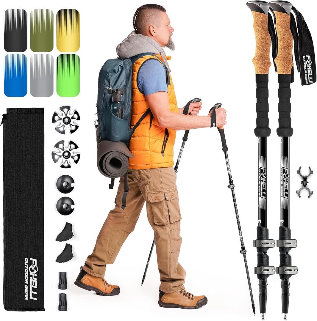 Foxelli Trekking Poles  Lightweight Collapsible Aircraft Grade Aluminum Hiking Poles with Cork Grips Quick Locks & All-Terrain Accessories  Pair of 2 (Black)
