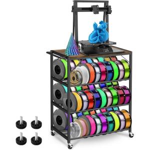 4-Tier 3D Printer Stand for Filament Storage,Heavy Duty 3D Printer Table Cart Holds 52 Spools,3D Printer Filament Rack with Wheels & Wood Top,3D Printers Cart for Workshop,Studio,Home Office (Brown)