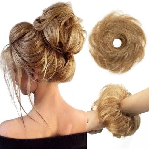 Human Hair Extensions Bun Fluffy Hair Pieces for Women Ponytail #27 Dark Blonde Elastic Bun Hair Piece 1Pc Wavy Curly Messy Bun Extension (#27 Dark Blonde)