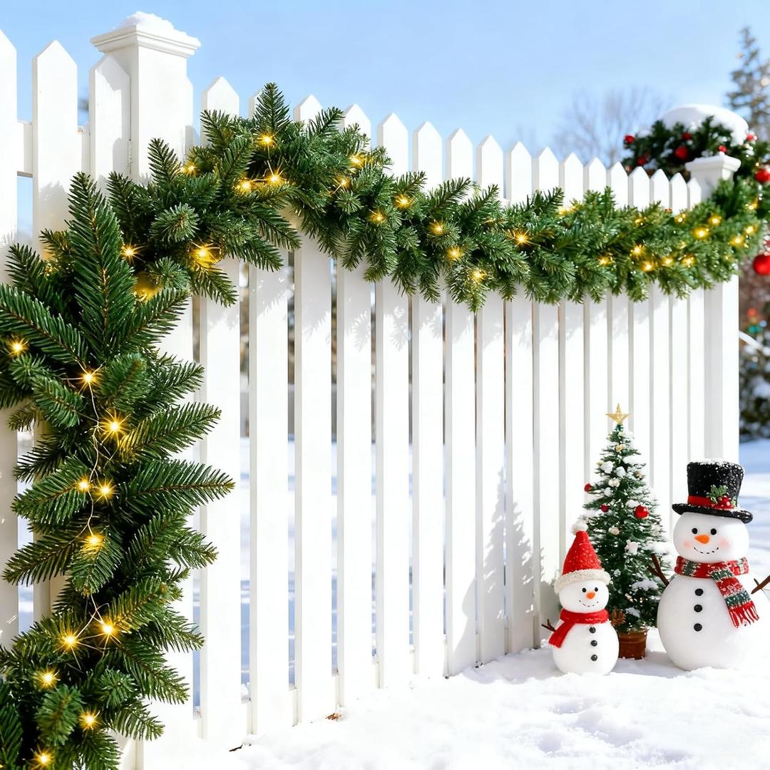 2 Pack Pre-lit Christmas Garland, 9FT Battery Operated Garland with 50 LED Lights, Christmas Lighted Garland for Stair Mantle Indoor Outdoor