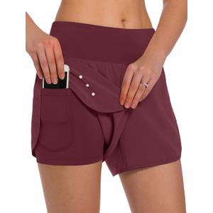 Ksmien Women's 2 in 1 Running Shorts - Lightweight Athletic Workout Gym Yoga Shorts Liner with Phone Pockets (Dark Wine Red, XXL)