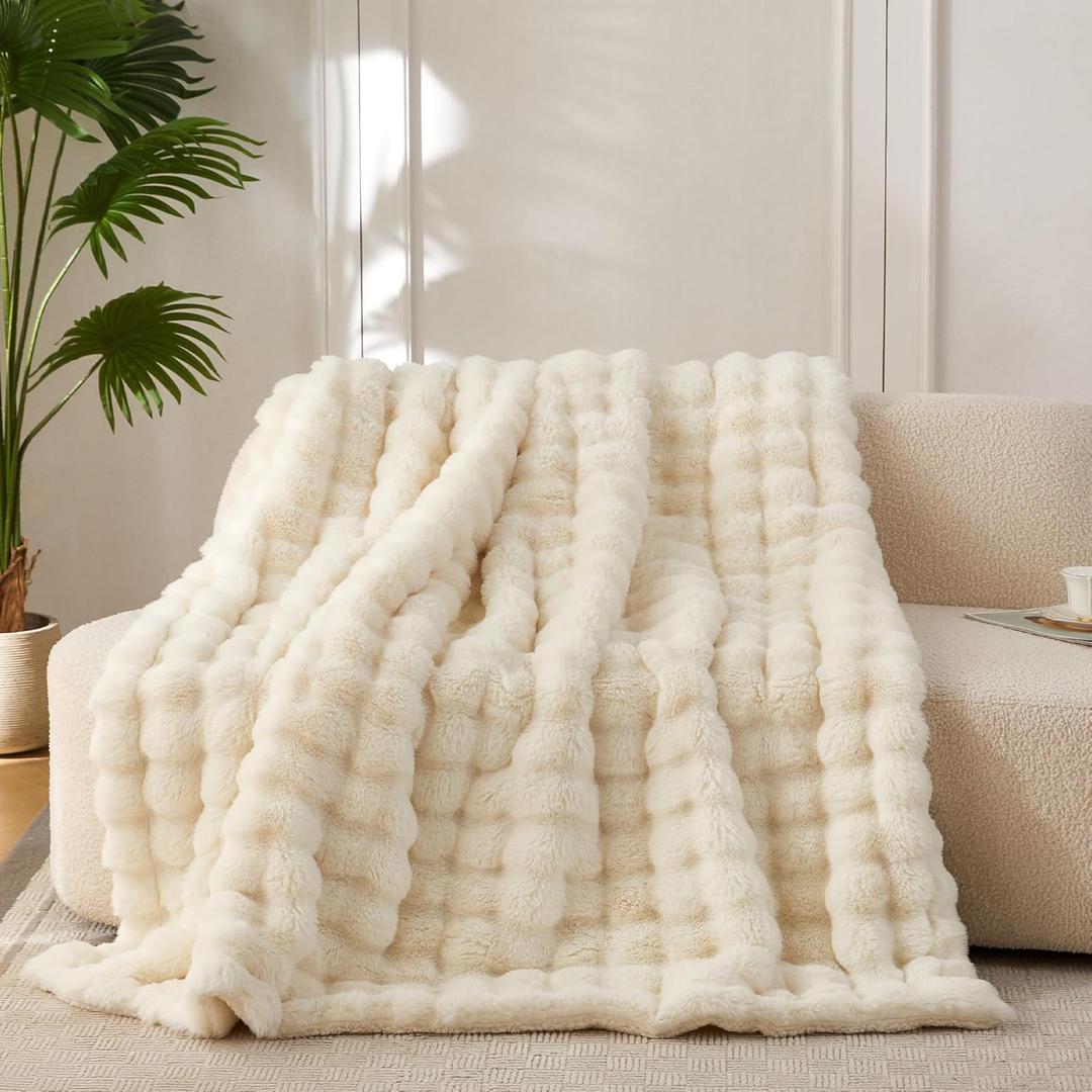 COOVA Faux Fur Throw Blanket for Couch, Cozy Soft and Fuzzy Plush Rabbit Fur Bubble Blanket for Sofa Bedroom Living Room, 50x60 Inches Ivory White