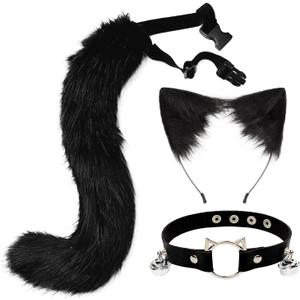 Cat Ears and Wolf Fox Animal Tail Cosplay Costume Faux Fur Hair Clip Headdress Halloween Leather Neck Chocker Set (3-black)