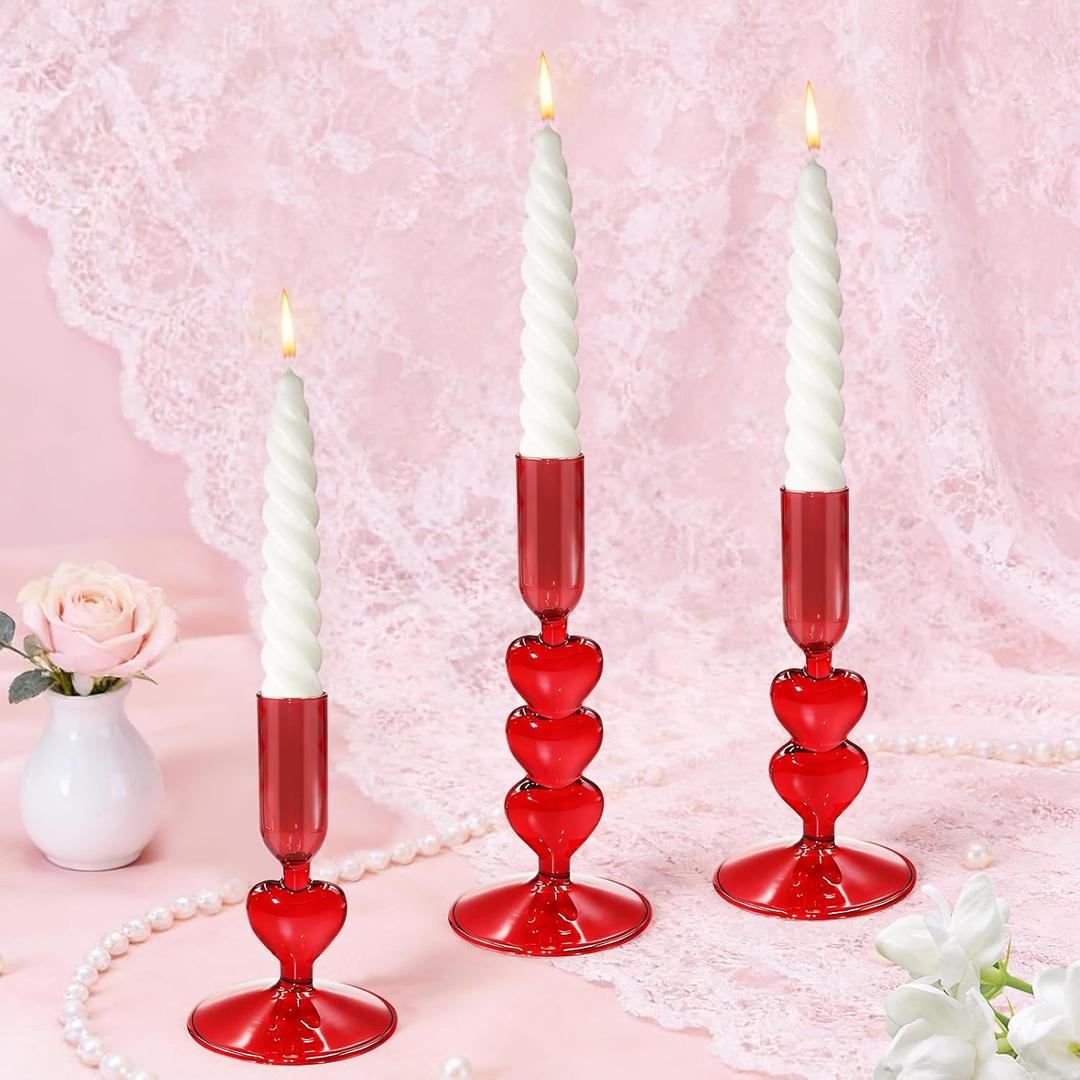 3Pcs Valentine's Day Glass Candle Holders Red Heart Glass Taper Candlesticks Coquette Crystal Candle Holders for Table Centerpiece Bridal Wedding Mother's Day