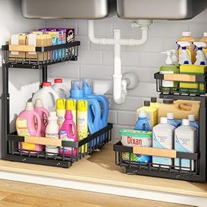 PXRACK Under Sink Organizer, Adjustable Height, 2 Tier Pull Out Under Cabinet Organizer, Slide Out Thickened Metal Under Sink Storage for Kitchen Bathroom Laundry Pantry Cabinet, Black, Large2Pack