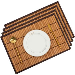 Bamboo Placemats with Fabric Border Set of 4 Natural Bamboo Rectangular Rolling Table Mats for Dining Kitchen Table Heat Resistant Table Protection Brown