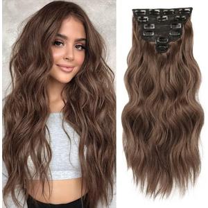 NAYOO Clip in Hair Extensions for Women 20 Inch Long Wavy Curly Chestnut Brown Hairpieces Full Head Synthetic Hair Hairpieces(6PCS,Chestnut Brown)