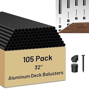 105 Pack 32 inch Aluminum Balusters for Deck Railing, Black Round Metal Spindles for Staircase, 3/ 4" Diameter Hollow Deck Ballasters with Screws and Connectors for Railing Fencing Porch Stair Spindles
