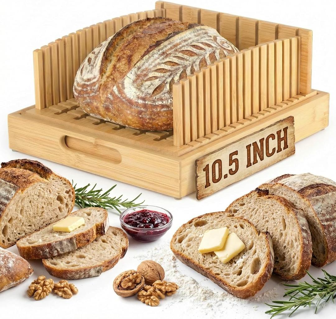 Bread Slicer for Homemade Bread - 10.5" Adjustable Sourdough Slicer with Crumb Catcher & Serving Tray - Stable Wood Bread Cutter Guide for Kitchen