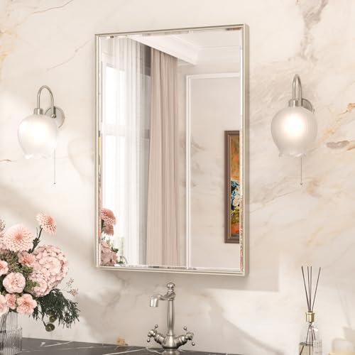 TETOTE Brushed Nickel Bathroom Mirror 24 x 36 Inch Beveled Frame Vanity Mirror, Tempered Glass, Shatterproof, for Modern Bedroom, Entryway, Living Room