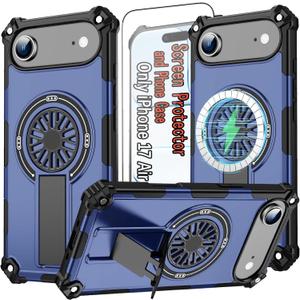 17 Air Phone Case Magnetic for i Phone 17 Air Phone, with Stand and HD Screen Protector [Compatible with MagSafe Accessories], Heavy Duty Rugged Drop Protection Case for iPhone 17 Air, Blue