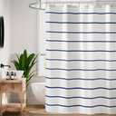 Navy Blue and White Striped Shower Curtain Set with Hooks, Waterproof Polyester Fabric, Printed Hand-Drawn Stripe Design, Coastal Modern Farmhouse Bathroom Decor, 72" x 72"
